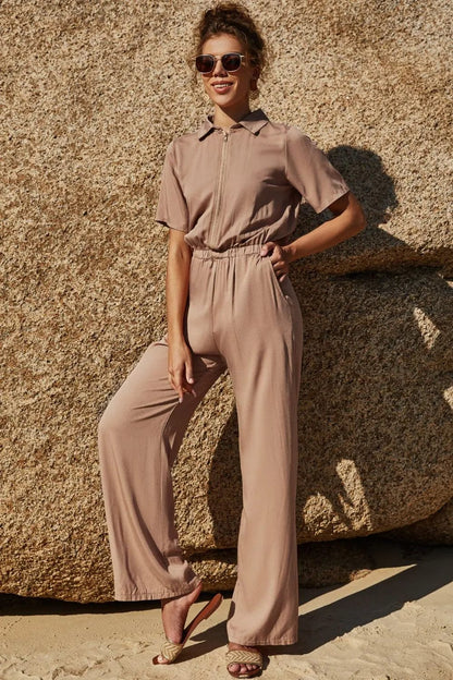 Zip Up Short Sleeve Collared Jumpsuit - CLASSY CLOSET BOUTIQUEZip Up Short Sleeve Collared Jumpsuitjumpsuit100100831438227TanS